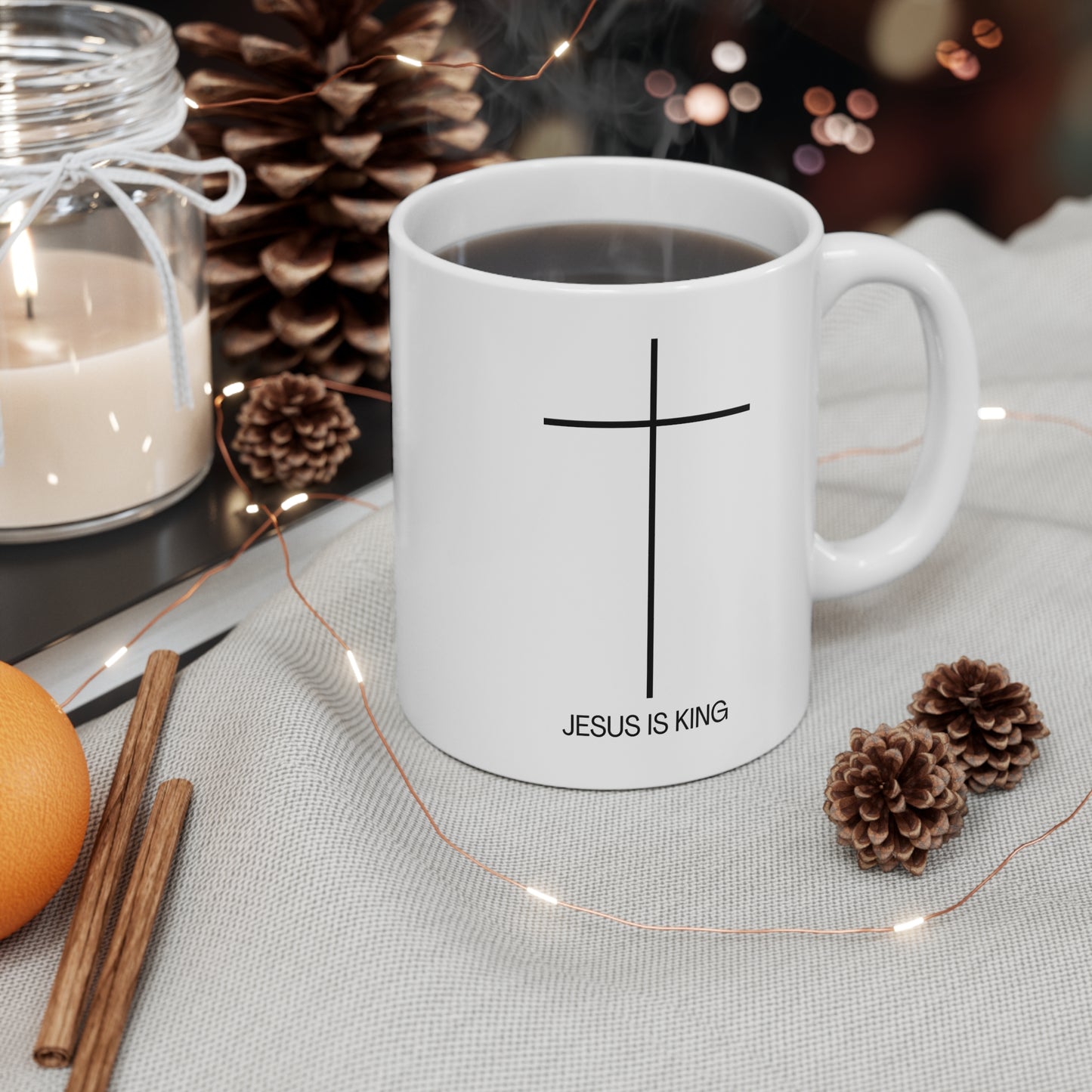 Jesus Is King Ceramic Mug – Minimal Cross 11oz Christian Coffee Cup